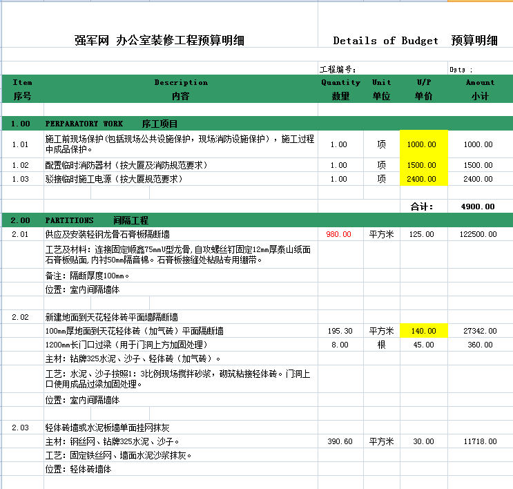 廠房裝修預算表